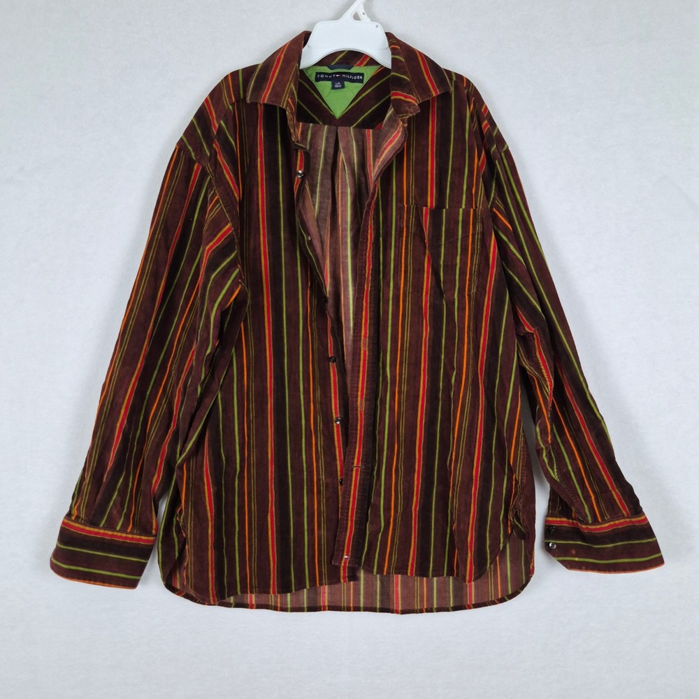 Tommy Hilfiger Mens Corduroy Button Down Shirt Large Brown Multi Stripe Fall